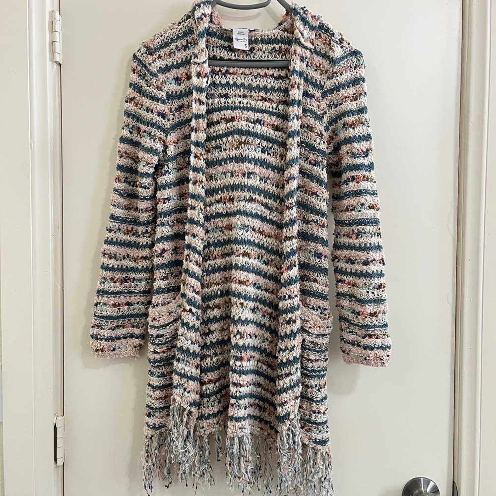 American Rag Hooded Fringe Cardigan Small Striped Knit Pockets Boho Fairy Grunge